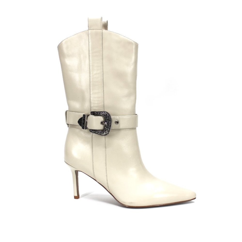 RAYE Oriana Buckle Strap Point Toe Bone Cowgirl Boots Size 8.5 Revolve Bootie